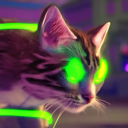 Prompt: neon strips on iridescent kittens cyperpunk 2 0 7 7, unreal engine 5, 8 k ultra realistic, hyperdetailed, volumetric lighting, extremely high quality