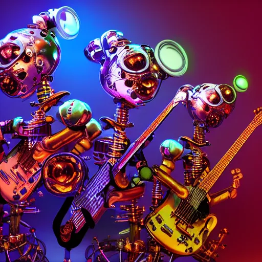 Prompt: album art, bandname is robos rock, rockband with 3 steampunk robots playing guitar and drums, 8 k, flourescent colors, halluzinogenic, multicolored, exaggerated detailed, front shot, 3 d render, octane