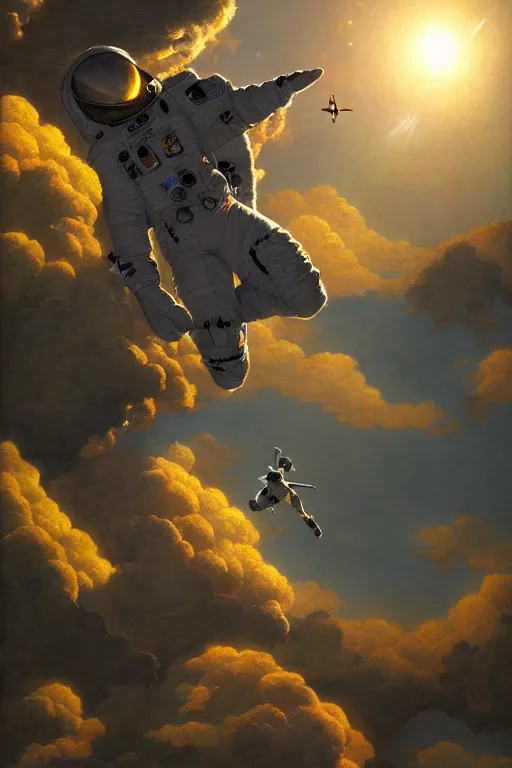 Prompt: ultrarealistic digital painting of an astronaut falling towards the sun, intricate, detailed, sharp focus, by maxfield parrish, peter mohrbacher, trending on artstation, octane grander