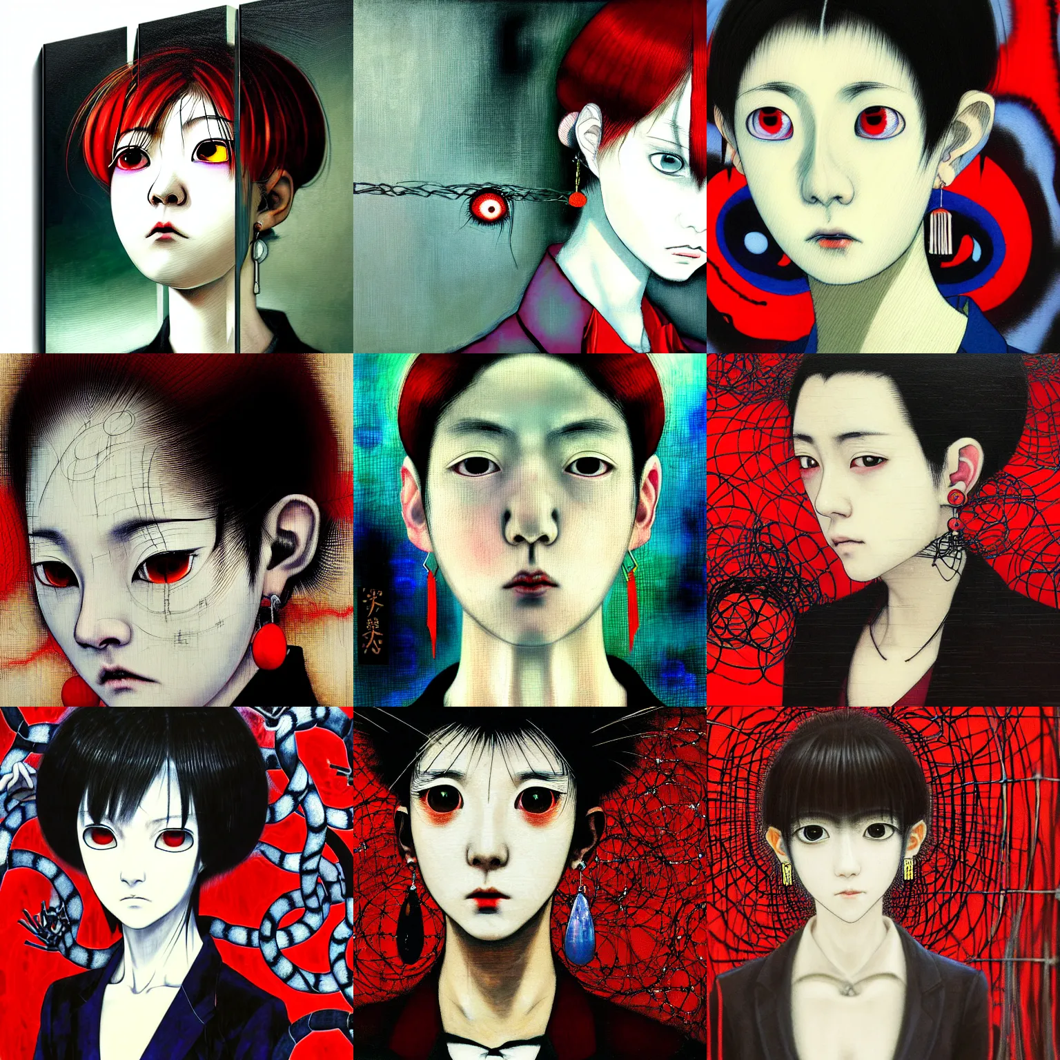 Prompt: yoshitaka amano blurred and dreamy realistic three quarter angle portrait of a sinister young woman with short hair, big earrings, and red eyes wearing office suit with tie surrounded by barbed wire, junji ito abstract patterns in the background, satoshi kon anime, noisy film grain effect, highly detailed, renaissance oil painting, weird portrait angle, blurred lost edges