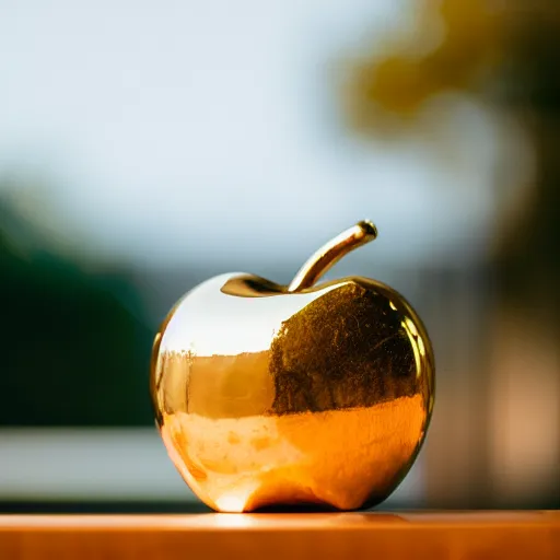 Image similar to high quality presentation photo of a golden apple, photography 4k, f1.8 anamorphic, bokeh, 4k, Canon, Nikon