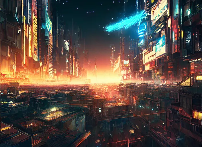 Image similar to meteorite hitting a cyberpunk city at night by wlop, key visual, high detail, digital art