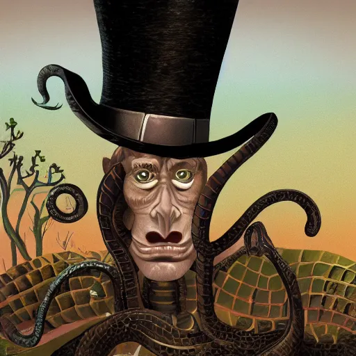 Prompt: snake man in top hat, children's book illustration, detailed, 4k