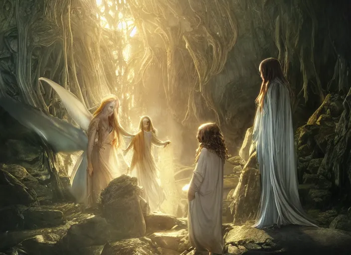 Image similar to a dramatic highly detailed render of the Galadriel and Gollum family, Middle-earth , by WLOP and Artgerm and Greg Rutkowski and Alphonse Mucha, Beautiful dynamic dramatic dark moody lighting, shadows, cinematic atmosphere, Artstation, Octane render, 8K, masterpiece, sharp focus, hyperrealistic, photograph