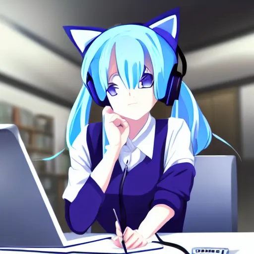 Prompt: anime girl with white hair and blue eyes, wearing cat ear headphones, sitting at desk at keyboard, programming, cute, pixiv, anime