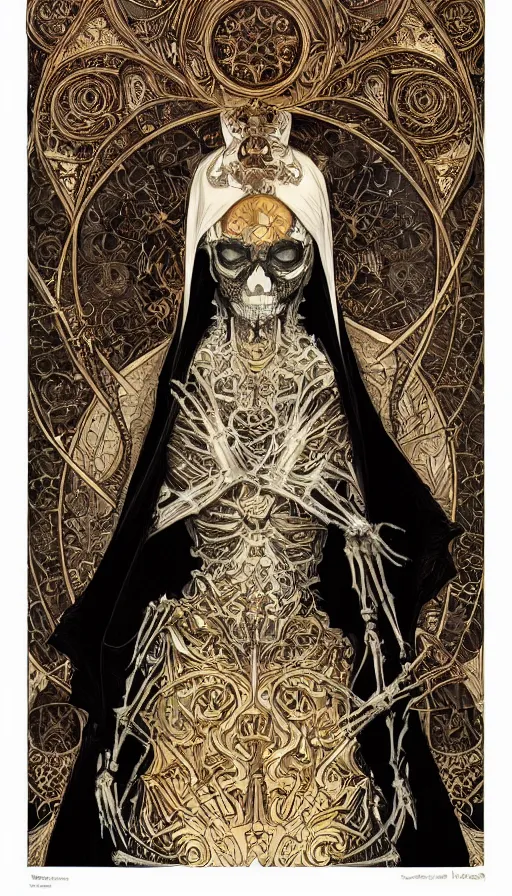 Image similar to a skeleton in a black cloak, highly detailed, very intricate, art nouveau, gold filigree, left right symmetry, tarot concept art watercolor illustration by mandy jurgens and alphonse mucha and alena aenami, featured on artstation