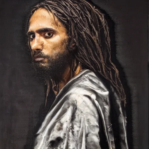 Image similar to a portrait of jesus wearing virgil abloh and jerry lorenzo streetwear by nicola samori, oil painting, realistic, 8 k, fear of god style