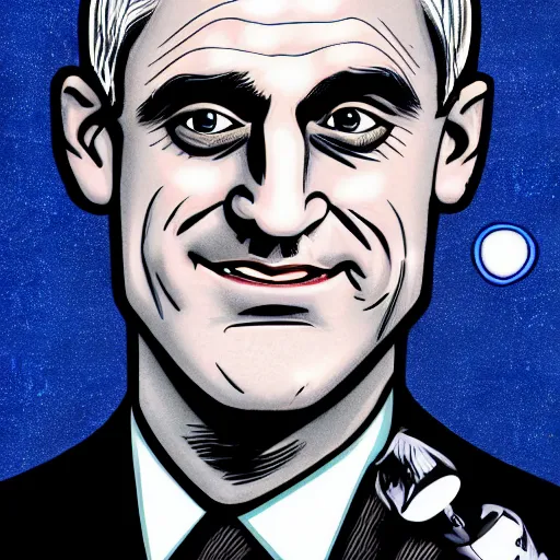 Prompt: digital illustration of secretary of denis mcdonough face with glowing solid eyes, cover art of graphic novel, eyes replaced by glowing lights, glowing eyes, flashing eyes, balls of light for eyes, evil laugh, menacing, Machiavellian puppetmaster, villain, clean lines, clean ink