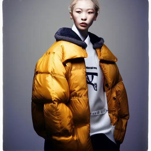 Image similar to realistic photoshooting for a new balenciaga lookbook, color film photography, portrait of a blonde asian woman, model wearing a puffer jacket, photo in style of tyler mitchell, 3 5 mm,