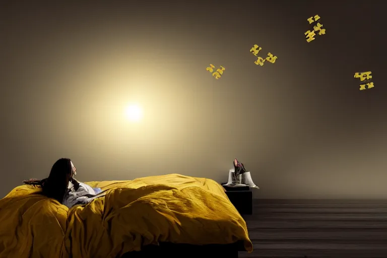 Image similar to a dark-haired woman wearing a yellow raincoat on the floor in front of a bed covered with white linen, puzzle pieces hovering in the air, a sense of awe, atmospheric, cinematic, very detailed, volumetric lighting, photo, by Weta Digital