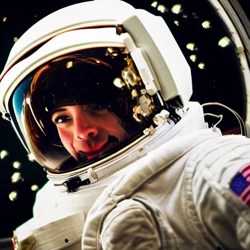 Image similar to a close up photo of an astronaut floating in space. his helmet visor is dark and reflective. you can see the reflection of flowers in his helmet visor.