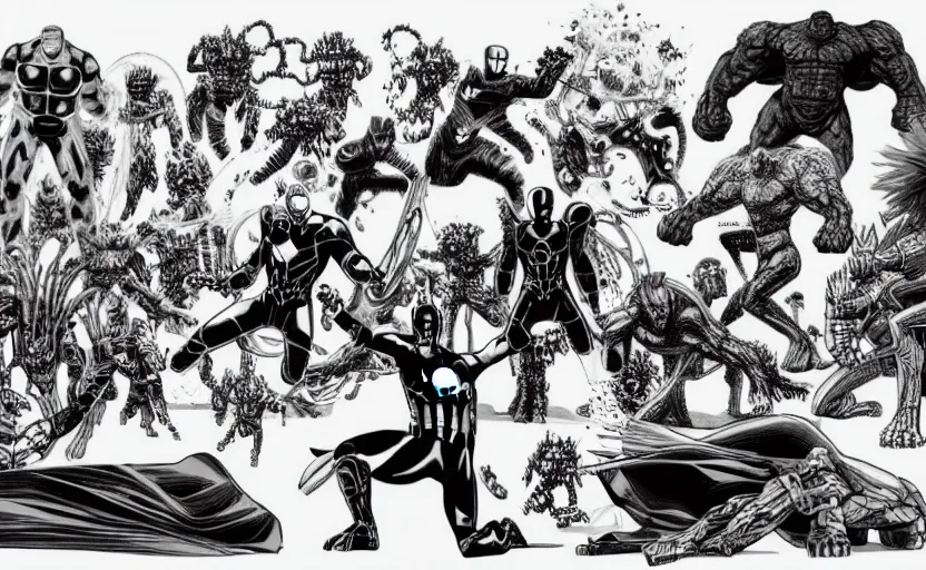 Image similar to black and white avengers fights with marvel monsters, isometric, by tsutomu nihei