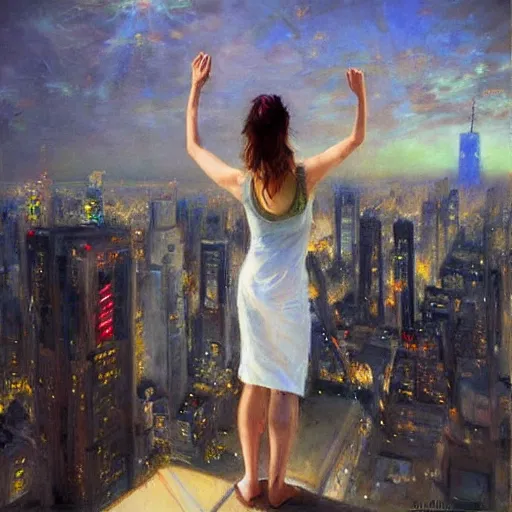 Image similar to “ girl standing on a roof looking down at a futuristic new york city below, by daniel gerhartz ”