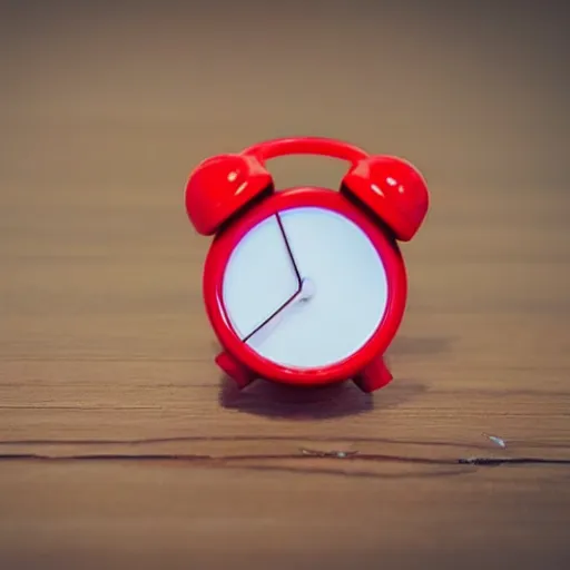 Image similar to Very tiny red alarm clock that looks like the iOS emoji and has the same colors, 3D clay render, 4k UHD, white background, isometric top down left view, diffuse lighting, zoomed out very far