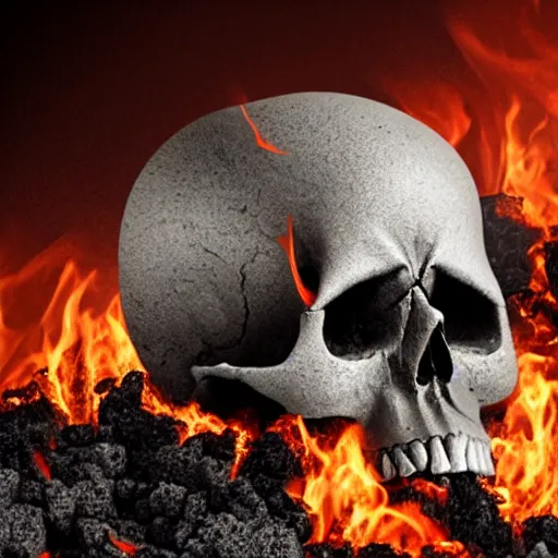 Prompt: a skull on a pile of burning coals and embers, isometric, 3 d render, 8 k