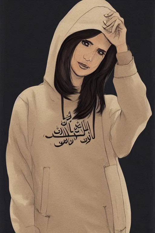 Image similar to short brown hair arab spanish shy young woman in beige hoodie, Diwani calligrapher using bamboo pen, cinematic lighting, hyper-detailed, cgsociety, trending on artstation, high resolution, in the style of Elena Masci, by John Samuel Agar