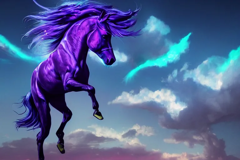 Image similar to a stunning horse with bioluminescent mane and tail running in the clouds by sandra chevrier and greg rutkowski, neon hooves, purple blue color scheme, vaporware, retro, outrun, high key lighting, volumetric light, digital art, highly detailed, fine detail, intricate, ornate, complex, octane render, unreal engine, photorealistic