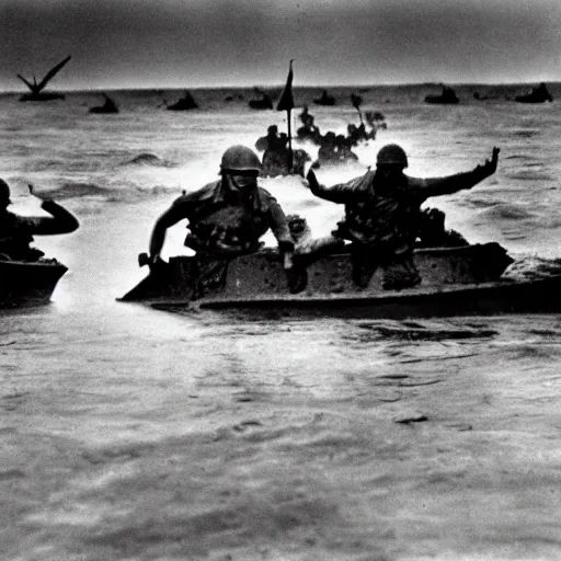 Image similar to the running soldiers in the sea in the d - day, by robert capa,