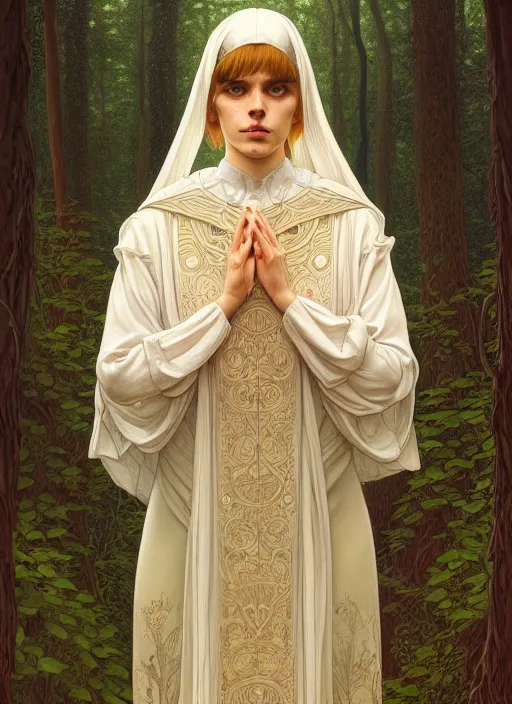 Image similar to symmetry portrait of welsh brunette student in mans tunic, tomboy, short hair, intricate forest background, intricate, elegant, highly detailed, digital painting, artstation, concept art, smooth, sharp focus, illustration, art by artgerm and greg rutkowski and fra angelico and alphons mucha