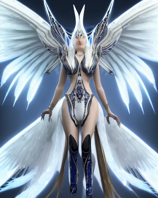 Image similar to perfect white haired attractive egyptian goddess with huge white dove wings, warframe armor, regal, ornate, beautiful, symmetric, dreamy, half asian, pretty face, blue eyes, detailed, scifi platform, laboratory, experiment, 4 k, ultra realistic, epic lighting, android body, illuminated, cinematic, masterpiece, art by akihito tsukushi, voidstar