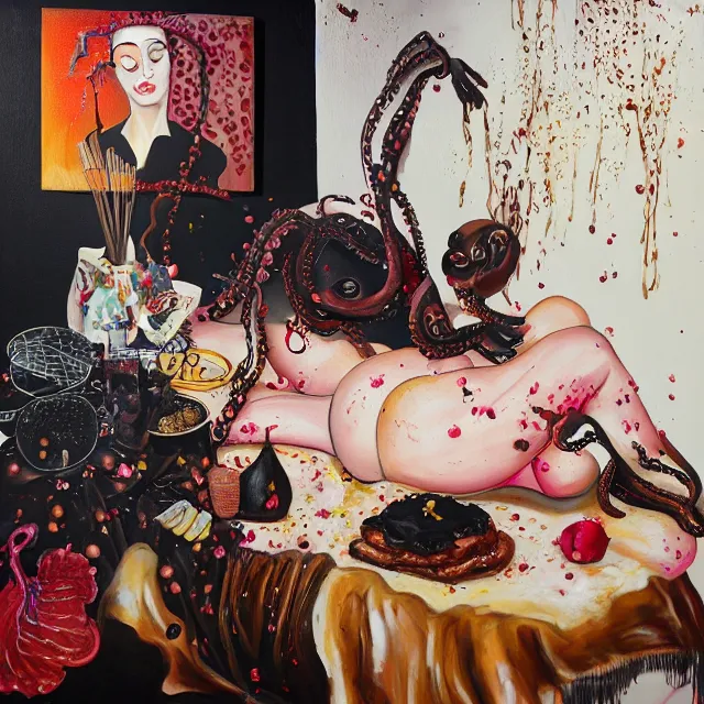 Image similar to sensual, a portrait in a female art student's bedroom, black walls, a woman sitting on a bed made of pancakes, honey dripping, berries dripping, chocolate, surgical supplies, ikebana, octopus, neo - expressionism, surrealism, acrylic and spray paint and oilstick on canvas