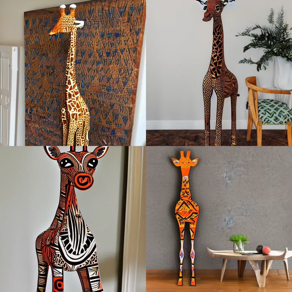 Prompt: A giraffe decor made of wood painted African tribal style 3 feet tall standing on hardwood floor with a white wall in the background