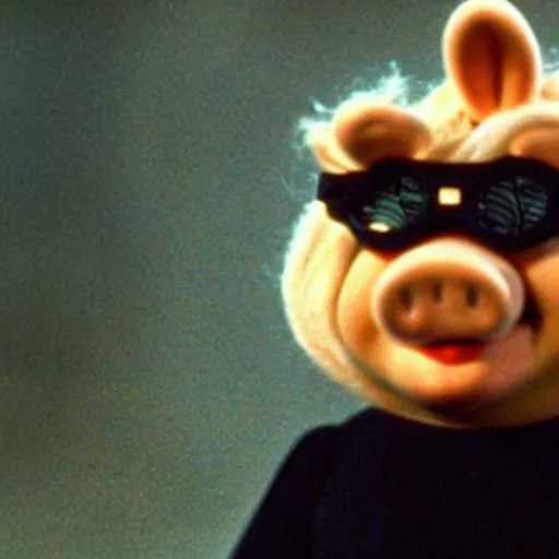 Image similar to Miss Piggy as Morpheus in The Matrix (1999) offering red or blue pill