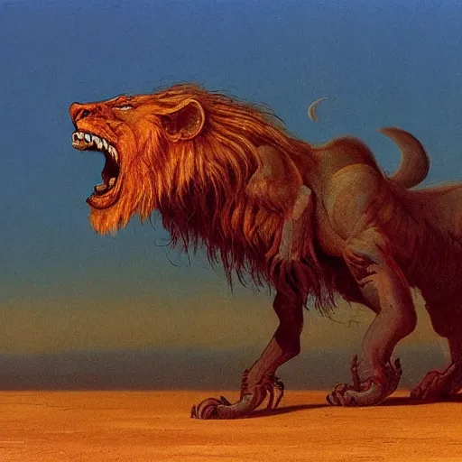 Image similar to manticore prowling in the dessert, concept, lion head and body, scorpion tail, beksinski