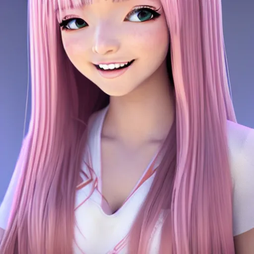 Image similar to Render of Nikki from Shining Nikki Dress-Up Game, a cute 3D young woman, long light pink hair, full bangs, full round face, hazel amber eyes, pale skin, cute freckles, light blush, Chinese heritage, smiling softly, wearing casual clothing, interior lighting, cozy living room background, medium shot, mid-shot, hyperdetailed, trending on Artstation, Unreal Engine 4k