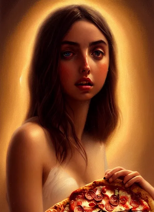 Image similar to portrait of ana de armas eating pizza, intricate, elegant, glowing lights, highly detailed, digital painting, artstation, concept art, smooth, sharp focus, illustration, art by wlop, mars ravelo and greg rutkowski