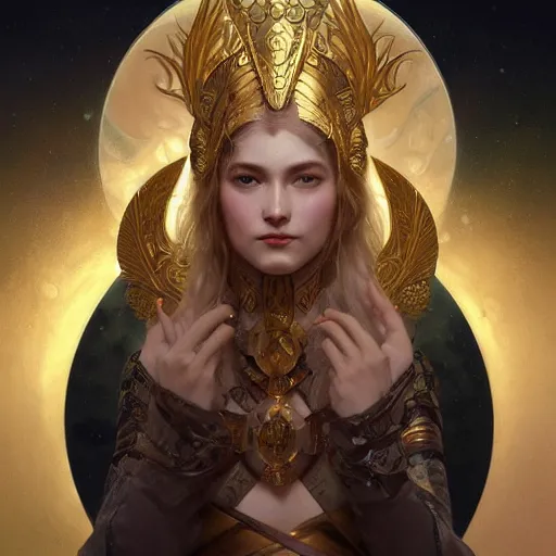 Image similar to portrait of a norse moon goddess, with golden half - mask, intricate, elegant, highly detailed, digital painting, artstation, concept art, smooth, sharp focus, illustration, art by artgerm and greg rutkowski and alphonse mucha and william - adolphe bouguereau