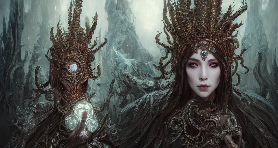 Prompt: a photorealistic dramatic fantasy render of a beautiful lich queen wearing a beautiful intricately detailed eldritch mask and armour kimono by wlop, artgerm, greg rutkowski, alphonse mucha, beautiful dynamic dramatic dark moody lighting, shadows, cinematic atmosphere, artstation, concept design art, octane render, 8 k