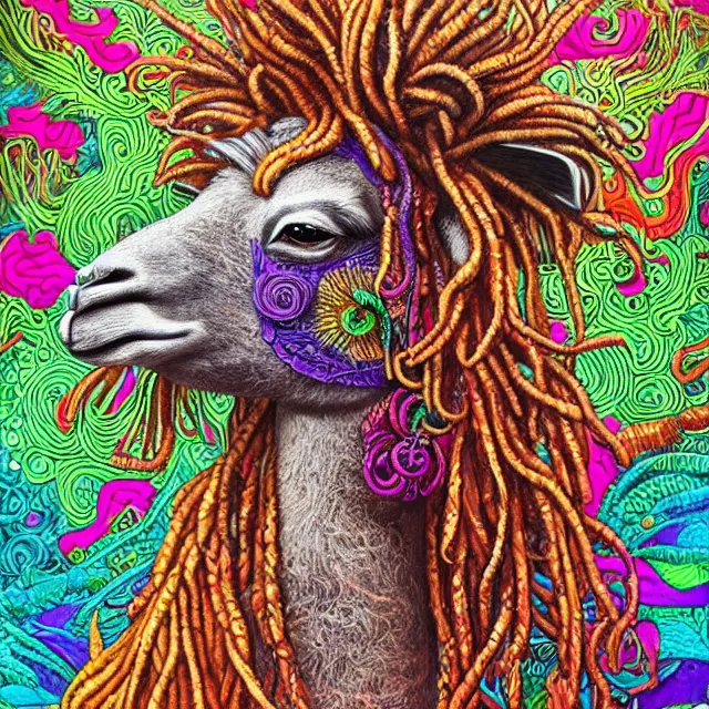 Prompt: llama with dreadlocks, colorful, detailed by ernst haeckel, artgerm, james jean