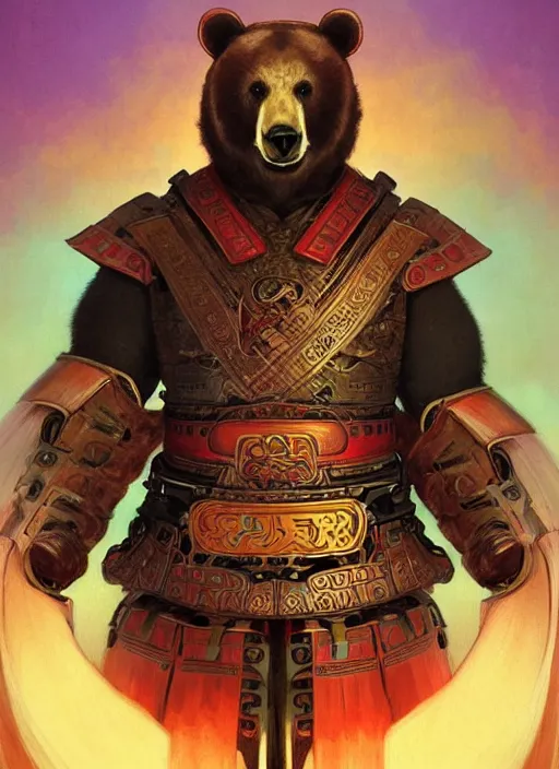 Image similar to portrait of anthropomorphic bear in samurai armor, colorful, highly detailed, digital painting, artstation, concept art, smooth, sharp focus, illustration, art by artgerm and greg rutkowski and alphonse mucha