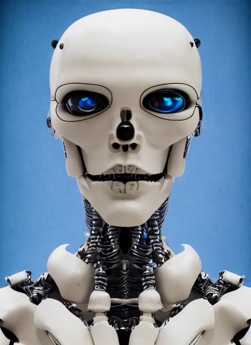 Image similar to portrait of a futuristic bone ceramic guapo humanoid robot Spanish with a handsome face with blue laser eyes and muscular body reclining, macho, piroca, dotado, guapo, matte surface, trending on cgsociety