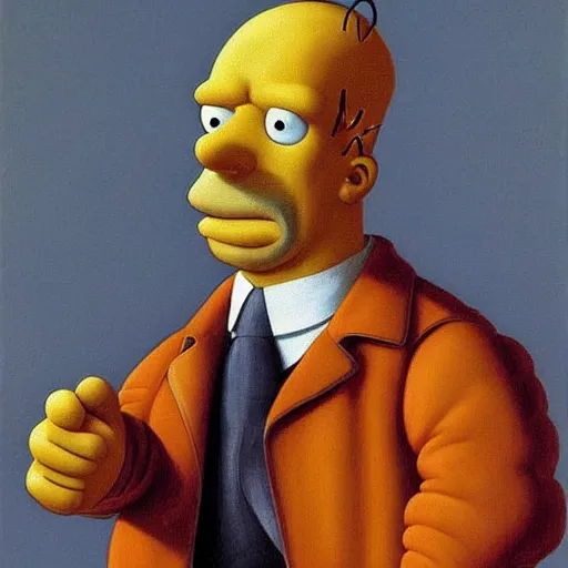 Image similar to Homer Simpson, oil on canvas, very detailed, realistic, painted by David Caspar Friedrich