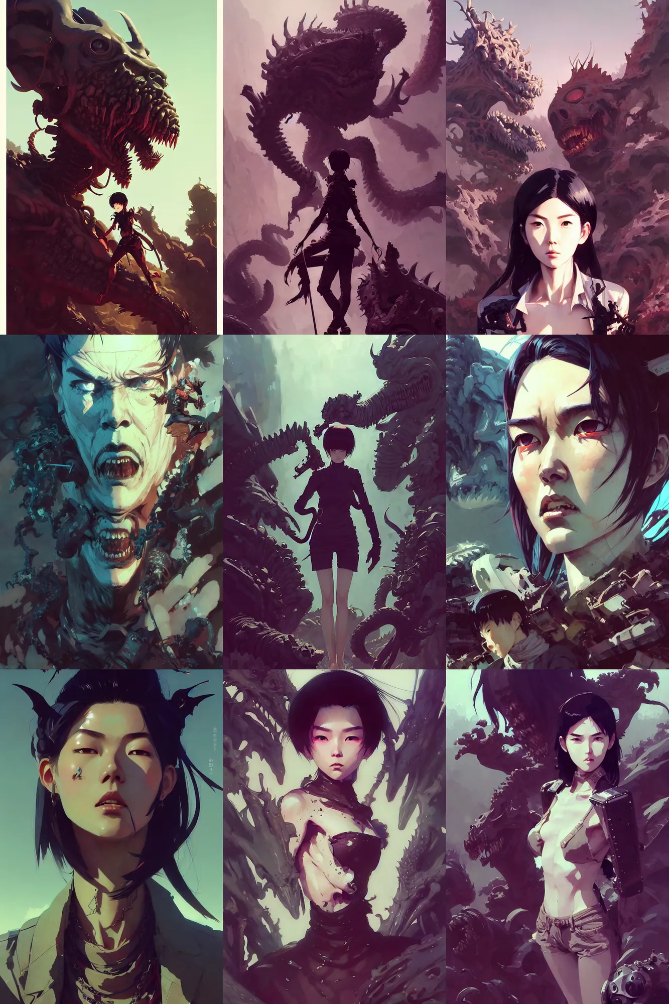 Prompt: hyper - realistic portrait of giant monster graveyard, extreme detail, in style of pan ren wei, ilya kuvshinov, yoji shinkawa, atey ghailan, krenz cushart, by greg rutkowski, by greg tocchini, by james gilleard, by joe fenton, by kaethe butcher, grunge aesthetic