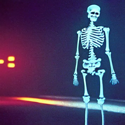 Image similar to a glowing skeleton walking. still from blade runner.