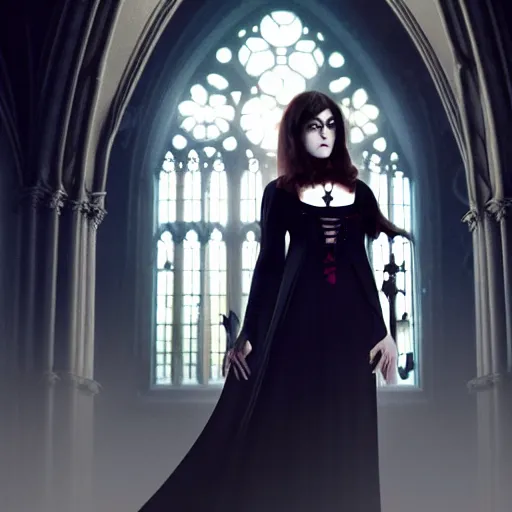 Image similar to a photograph of mary elizabeth winstead as a vampire in a gothic cathedral at night, gloomy, horror, photograph by artgerm and alphonse mucha and ross tran and greg rutkowski.