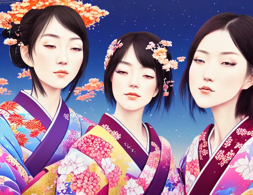 Image similar to two beautiful charming japan girls wear arty kimono in festival | | sunny night, full moon, dreamlike art, realistic shaded, smile, good looking, hyper details, 4 k realistic, cryengine, realistic shaded lighting poster by ilya kuvshinov, fuji choko, ross tran, 8 k resolution, trending on artstation, luxury