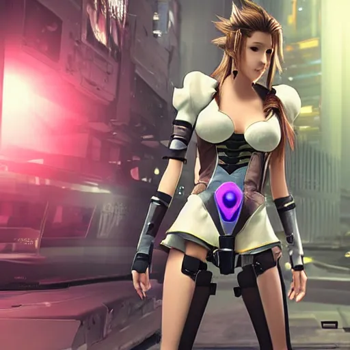 Image similar to Aerith from Final Fantasy wearing cyberpunk plugsuit