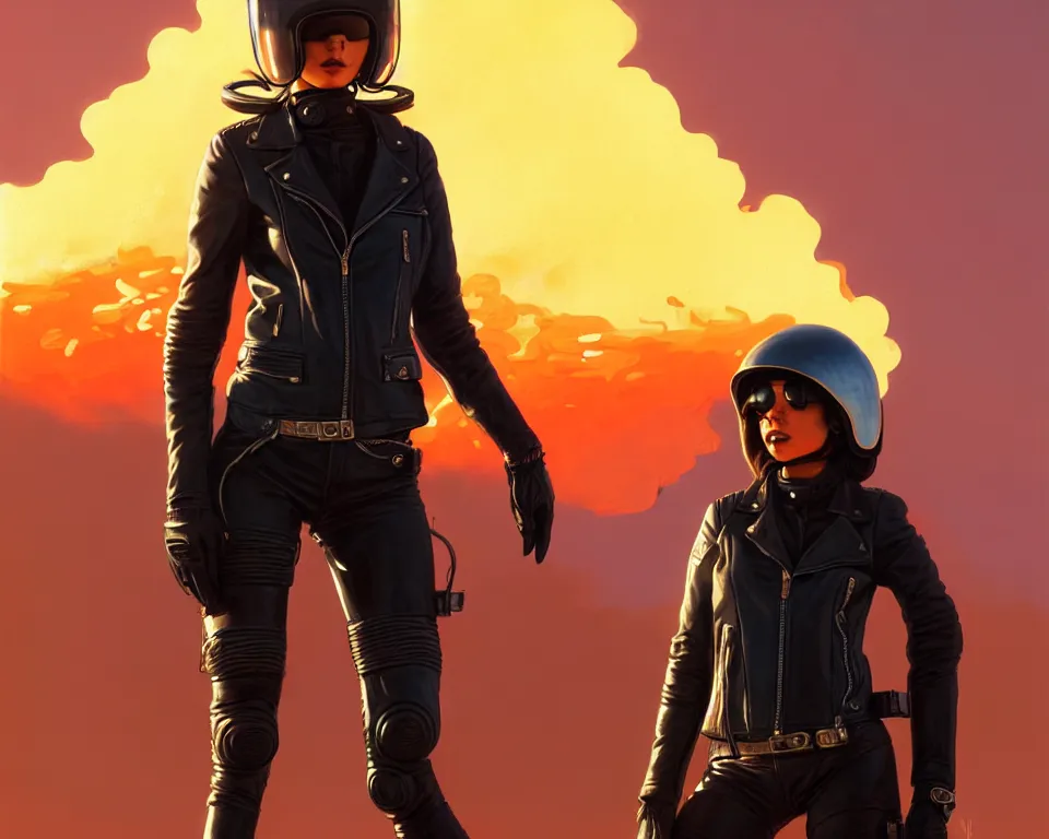 Image similar to a ultradetailed beautiful panting of post apocalyptic woman biker in leather jacket with helmet in front of burning desert, by ilya kuvshinov, greg rutkowski and makoto shinkai, trending on artstation