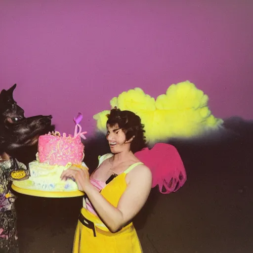 Image similar to dark angel throwing a yellow - pink - black birthday cake from the clouds onto a woman with two dogs, kodak film