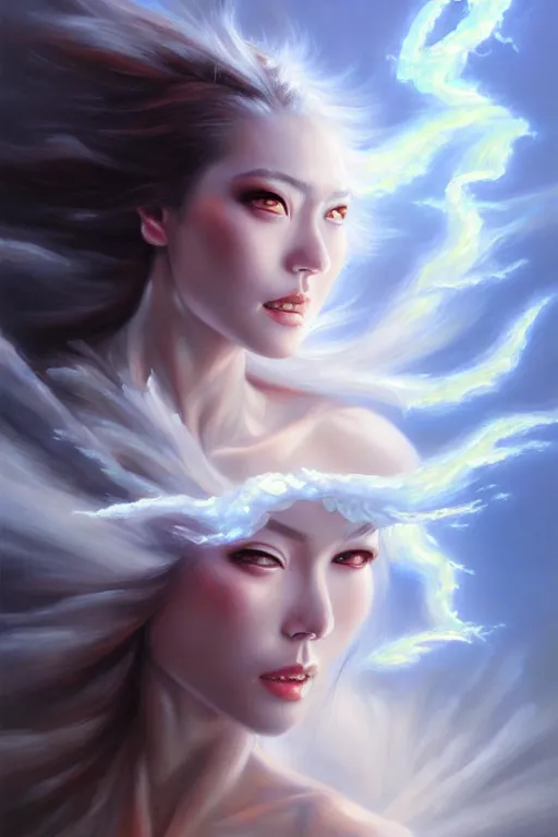 Image similar to oil painting, white, sakimi chan, detailed face, fantasy armor, flying, tony sart, wind, lightning, dramatic lighting