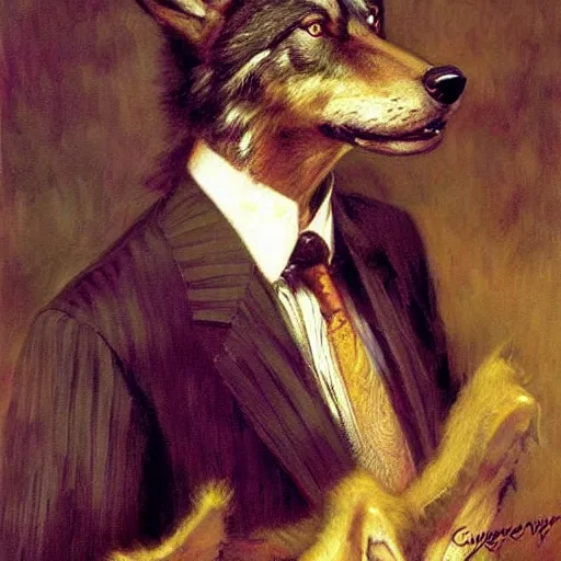 Image similar to a portrait of a wolf dogman canine lawyer. highly detailed painting by gaston bussiere, craig mullins, j. c. leyendecker, furry