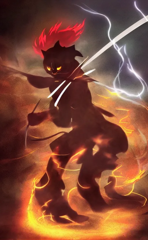 Image similar to house cat samurai epic, anime opening, dramatic opening, fire, lightning, full body portrait, realistic