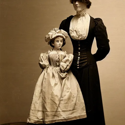 Image similar to portrait of a life size victorian female automaton standing in with a human child, 8 k, soft lighting, highly detailed realistic, face in focus 1 8 9 0's