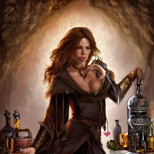 Prompt: kate beckinsale weared as thief, with detail and beautiful face, shining eyes and pointed nose, holding flask in hand, with knives in bandolier and cloak cape, sit in dark fantasy tavern near fireplace, behind bar deck with bear mugs, lockpicks and pile of gold, medieval dnd, colorfull digital fantasy art, 4k