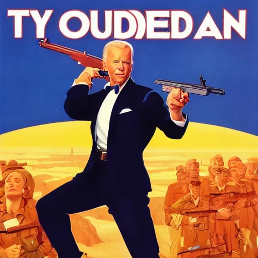 Image similar to propaganda poster of joe biden pointing gun directly at camera in james bond movie, closeup of gun, visible barrel and grip by j. c. leyendecker, bosch, lisa frank, jon mcnaughton, and beksinski