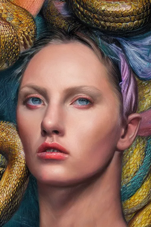 Image similar to hyperrealism oil painting, close - up portrait of face from a tangle of snakes fashion model, knight, steel gradient mixed with nebula sky, in style of baroque